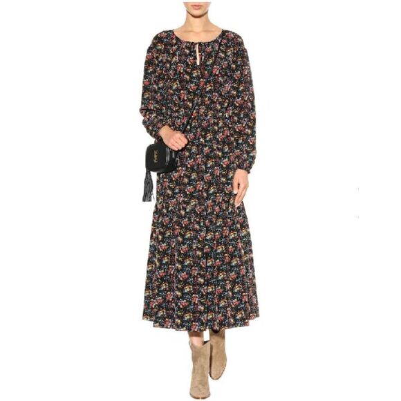 Saint Laurent Bouquet-Print Peasant Midi Dress, Black Pattern Women’s Sz Small S - Picture 1 of 16
